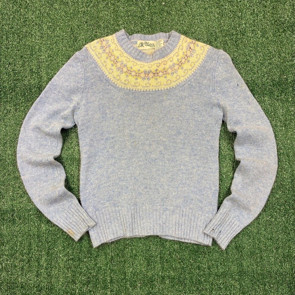 Vintage 70's The Eagle's Eye Sweater Lambswool Angora Fair Isle Blue‎